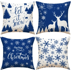 Christmas Pillow Covers Linen Blue Reindeer Snowflake Decorative Cushion Cases Winter Holiday Sofa Decor