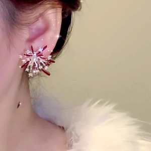 Elegant red fireworks pearl stud earrings with sparkling stones for a New Year festive look