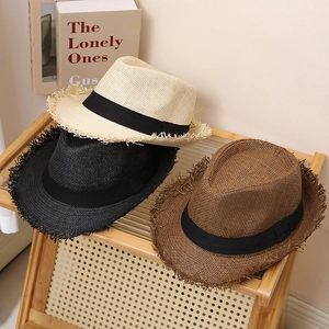 Men's stylish straw fedora hats with frayed edges and black ribbons in multiple colors