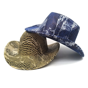 Retro snake pattern cowboy hat with wide brim in yellow and blue snakeskin texture