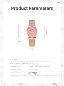 Spécifications de la montre M1155 or rose avec cadran rose et bracelet en maille