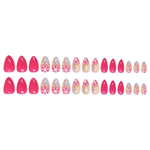 Almond shaped press-on nails set with bright pink and floral patterns on white background