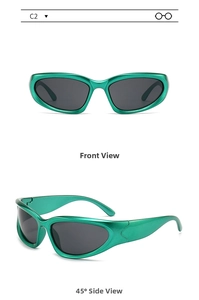 Front and 45-degree side views of metallic green Y2K futuristic wrap sunglasses