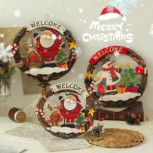 Christmas Wreath Door Hanging Welcome Sign Rattan Wooden Santa Snowman Reindeer Festive Holiday Home Wall Decoration