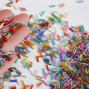 Colorful 2x7mm silver-lined glass bugle beads for DIY jewelry and sewing projects