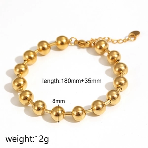 18k vergoldetes Edelstahlarmband mit 8mm Perlen und 180mm+35mm verstellbarer Kette