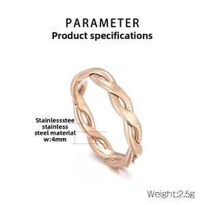 Detail showing specifications of 4mm twisted stainless steel ring with 18K gold plating