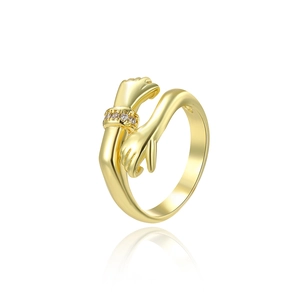 Minimalist 18k gold plated ball open ring with hands hugging design and small diamonds