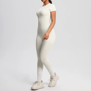 Slim fit short sleeve yoga top and high waist leggings set in oatmeal color