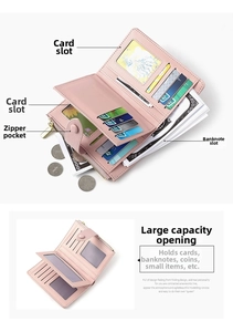 Detail view of pink trifold wallet showing multiple card slots and zipper coin pocket