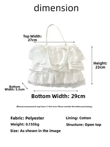 Tabella delle taglie con misure 29x23cm e dettagli della borsa in pizzo bianco a strati