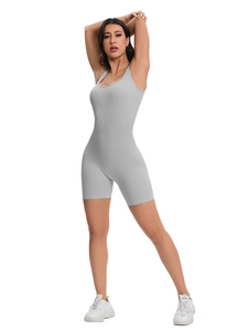 Detailed texture of grey ribbed seamless yoga romper with U-neck and bodycon fit