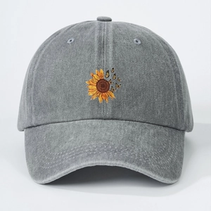 Washed grey cotton baseball cap with embroidered sunflower and butterfly patterns
