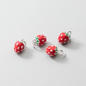 Set of four S925 silver plated gold strawberry charms with red enamel for DIY jewelry