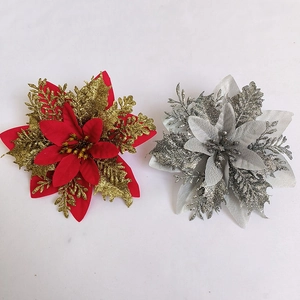 Glittery 14cm artificial poinsettia flowers in red and silver for Christmas decor