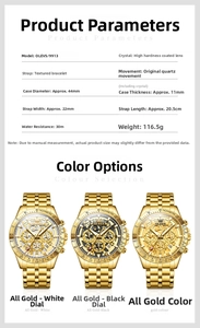 Detailed size specifications and color options for gold stainless steel quartz watch