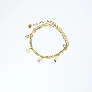 Gold double-layered steel bracelet with devil's eye, star, and shell charms