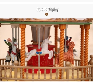 Detailed close-up of internal carousel horse and pillars of the resin music box