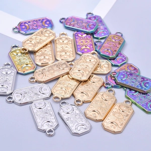 Rectangular evil eye and moon pendants in gold, silver, and rainbow stainless steel