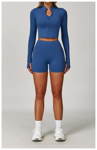 Detail of dark blue yoga set featuring thumbholes and high-waisted compression shorts