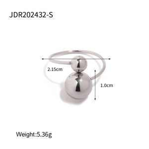 Detail view of silver open ring with dual metal spheres, size 2.15cm and 5.36g weight