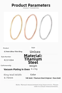 Detail view of 0.7mm ultra-thin titanium steel rings in gold, silver, and rose gold finish