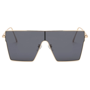 Oversized square flat top sunglasses with gold metal frame and dark grey lenses