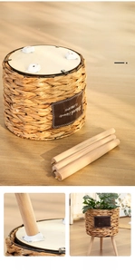 Detail of woven grass planter with three solid wood legs and easy screw-in installation