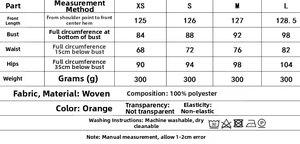 Size chart for sleeveless satin dress showing length, bust, waist, and hip measurements
