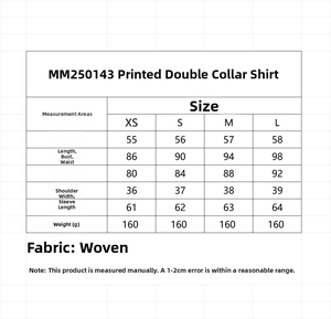 Size chart showing chest and sleeve measurements for women's printed long sleeve shirt