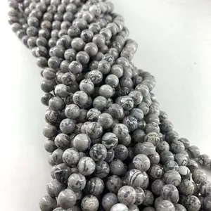 Fils de perles rondes en pierre naturelle marbrée grise pour la création de bijoux DIY