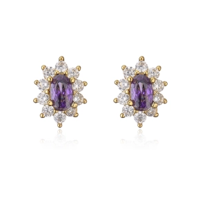 Macro view of flower cluster stud earrings with purple gemstone and 18K gold plating