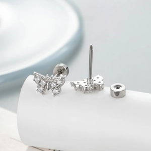 Micro-inlaid zircon butterfly stud earrings with screw-back design in silver finish