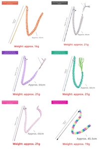 Detail of diverse plush caterpillar cat teaser wands in multiple colors and textures