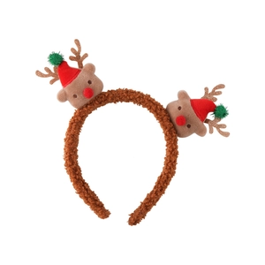 Christmas reindeer antler headband with festive red hat and green pom-pom decorations