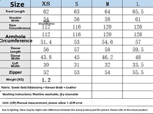 Size chart for women's double-sided jacket showing measurements in CM and care instructions