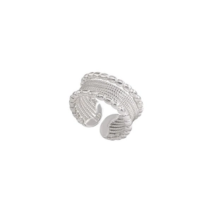 Adjustable 925 silver multi-layer beaded ring with textured design and metallic finish