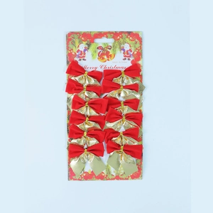 Detail of twelve red and gold tiered Christmas bows with Merry Christmas packaging text