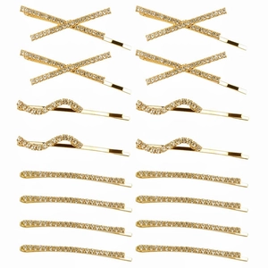 Lot de 16 barrettes à cheveux en métal doré avec strass en formes croix, vague et droite