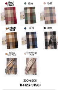 Collage of multi-colored plaid scarves with fringe detail in soft cashmere-like fabric