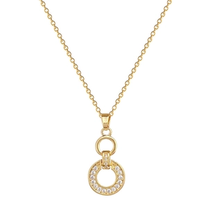Titanium steel jewelry set featuring interlocking rings with pavé crystals on gold necklace