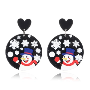Christmas snowman earrings with round acrylic pendants and black heart studs on white background