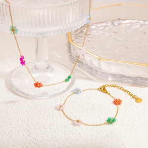 18K Gold Plated Stainless Steel Floral Necklace Bracelet Jewelry Colorful Acrylic Bead Flower Chain For Women Girl Accessory