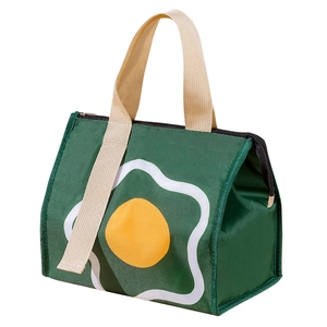 Insulated dark green lunch bag with cartoon egg print and large capacity for storage