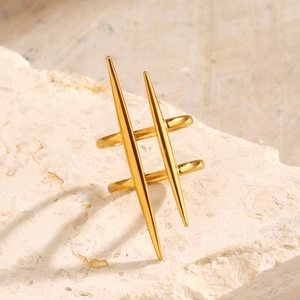 Minimalist gold titanium steel ring with double-band spike design on stone base