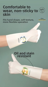 Detail of durable cream latex cleaning gloves with long cuffs and cute animal patches