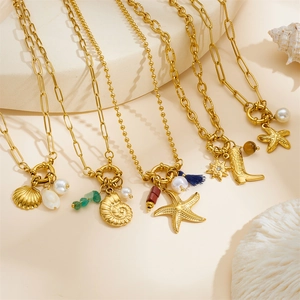 Gold-plated ocean theme necklaces with starfish shells and colorful butterfly charms