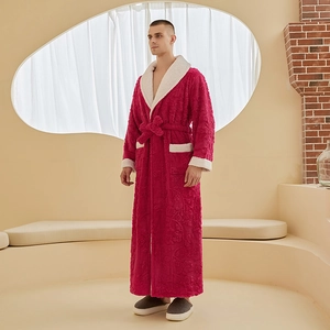 Men's double-layer flannel robe with thick fleece lining and embossed jacquard pattern