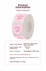 Detailed specs of 500pcs pink heart Thank You stickers roll on coated adhesive paper