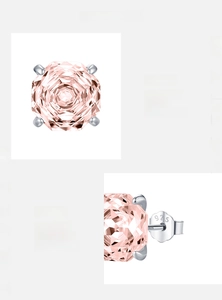 Detail of S925 sterling silver stamp and square-cut pink zircon on handmade earrings